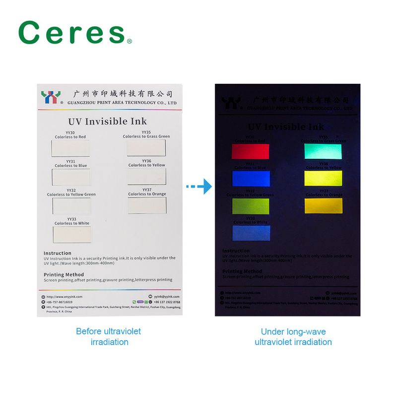 800nm Ceres UV حبر غير مرئي عديم اللون إلى أخضر عادي جاف